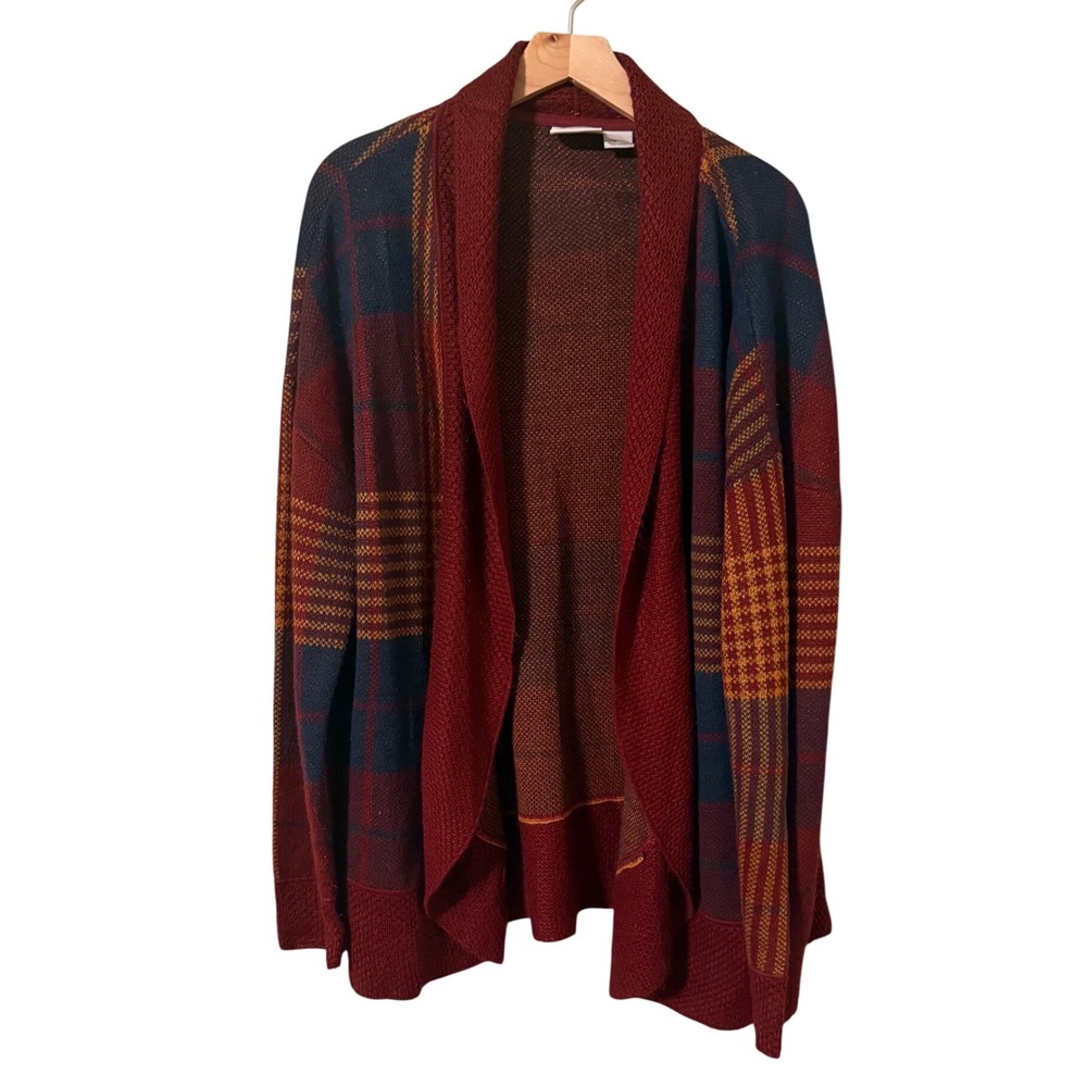 Field & Stream Womens 2XL Plaid Open Front Cardigan Burgundy Blue Shawl Collar